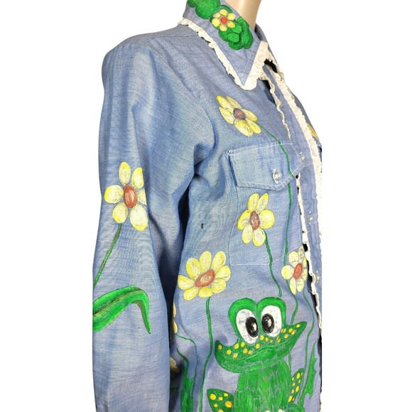 VTG 70s Artsy Hand Painted Eyelet Lace Trim Frog Turtle Ladybug Bee Flowers Top - Picture 7 of 16